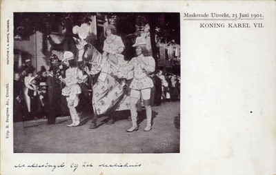 98087 Afbeelding van koning Karel VII, op de Maliesingel te Utrecht, tijdens de maskeradeoptocht bij de lustrumfeesten ...